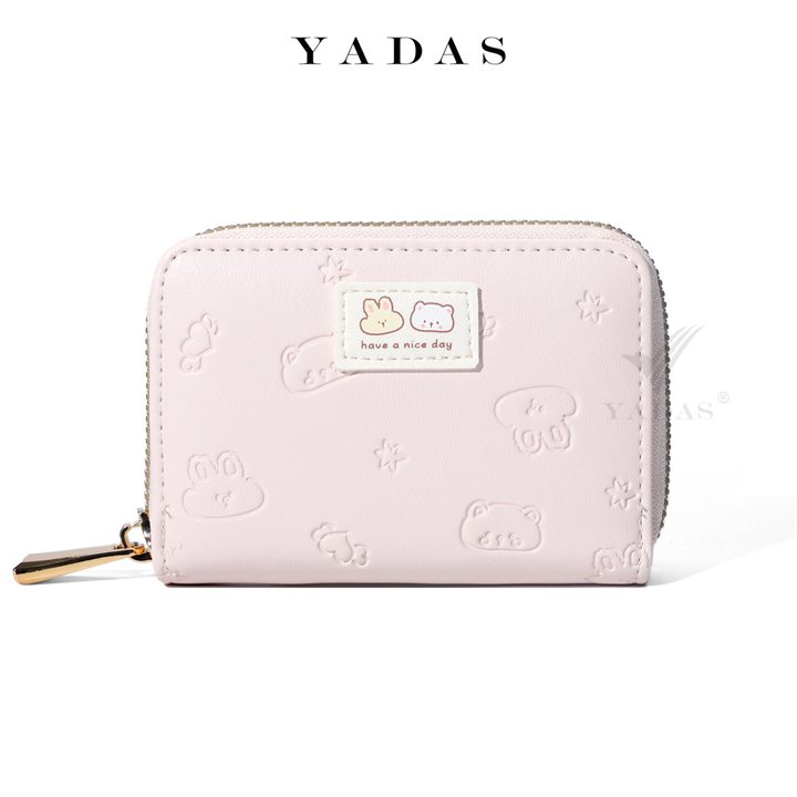 Accordion zip card holder in pink with embossed animals